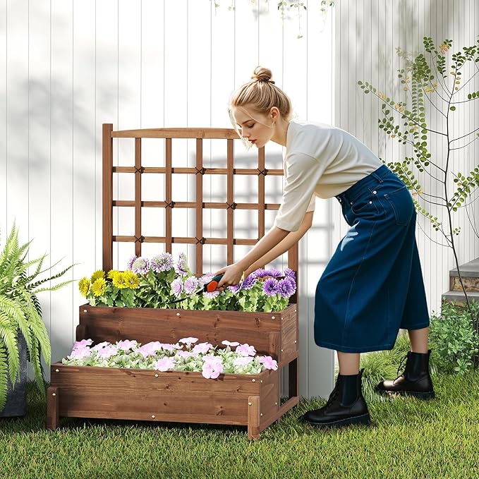 HAPPYGRILL Raised Garden Bed with Trellis Drainage Holes 2-Tier Wooden Elevated Planter Box w/Legs for Climbing Plants Vine Flower Herb Vegetable Fruit Outdoor Garden Box for Patio Balcony (2)