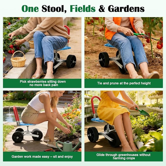 Garden Seat with Wheels 360 ° Rotation and Adjustable Height Rolling Garden Work Seat for Patio Yard Orchard Farmland 3 Wheels