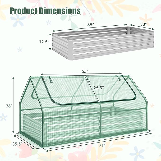 Giantex Galvanized Steel Raised Garden Bed with Mini Greenhouse Outdoor Metal Planter Box Kit with Large Roll-up Cover 71x 35.5x 36 Planter Raised Bed for Flower Vegetable Fruit (Green &amp Silv