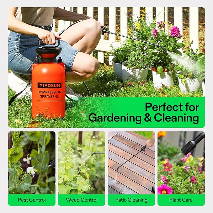 VIVOSUN 1.59-Gallon Pump Pressure Sprayer Pressurized Lawn &amp Garden Water Spray Bottle with Adjustable Shoulder Strap for Plants Spraying Garden Watering and Household Cleaning