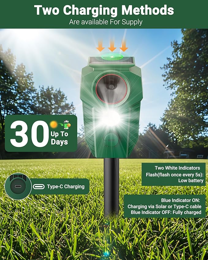 Solar Ultrasonic Animal Repellent Outdoor - Deer Repellent Devices with Motion Sensor &amp Flashing Lights Waterproof Deterrent for Yard Garden to Repel Cats Squirrels Raccoons