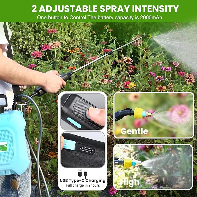 Battery Powered Sprayer 2 Gallon Electric Sprayer with Retractable Wand &amp 4 Mist Nozzles &amp USB Rechargeable Handle Water Spray Pump Sprayers for Planting Lawn Yard Garden