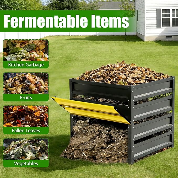 285 Gallon Compost Bin Outdoor Metal Compost Bins with with Pull-Out Door Galvanized Steel Sheet Heavy Duty Composting Bin for Outside Backyard Garden Patio Natural 41(L)*41(W)*39.4(H) inch