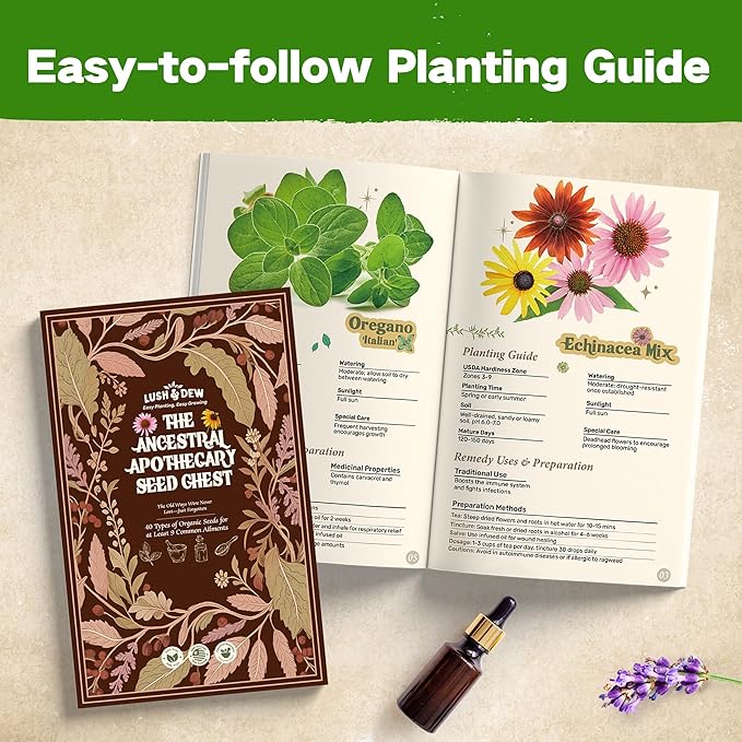 Lush&ampDew Ancestral Apothecary Medicinal Tea Herb Seed Chest 36000+ Non-GMO Survival Seed Kit Gardening Gifts for Women Men 40 Types Heirloom Garden Seeds for Planting Herbs Raised Bed Windows