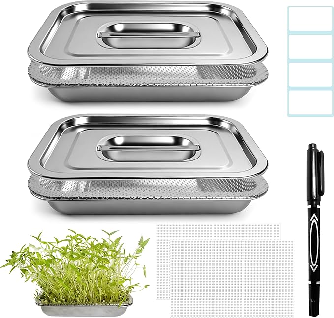 2 Pack Stainless Steel Seed Sprouter Trays 2-Tier Soil-Free Microgreens Growing Kit Sprouting Tray with Cover Lids &amp Mesh Pads for Sprouts Beans Alfalfa Wheatgrass