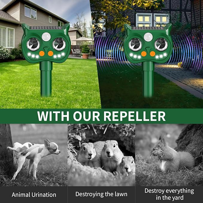2 Pack 2026 Upgraded Solar Ultrasonic Animal Repellent Outdoor – Motion Activated Deer Squirrel Cat Raccoon Dog &amp Bird Deterrent with Multi-Frequency LED Strobe &amp Ultrasonic Sweep for Yard