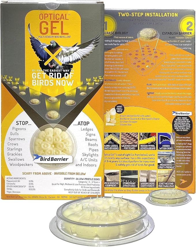 Bird Barrier Optical Gel 24 Pack | Natural Multisensory Bird Deterrent | Easy Installation | Discreet Appearance | Long-Lasting Solution | Repels Birds on Roofs Beams Signs Soffits Ledges and More