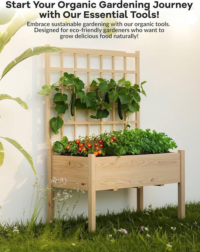 Raised Garden Bed with Trellis Elevated Planter Box with Legs For Backyard Patio Balcony w/Bed Liner Wood Standing Planter Stand for Climbing Plants Flowers Vegetables Herbs 46 in x23 in x65 in
