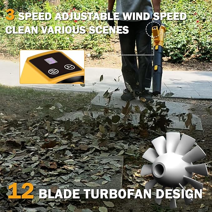 MOK Leaf Blower Cordless650CFM/170MPH Brushless Motor Electric Cordless Leaf Blower with 2 x 21V 4.0Ah Battery and Charger 3-Variable Speed Blower for Lawn Care Patio Cleaning(Yellow) ﻿