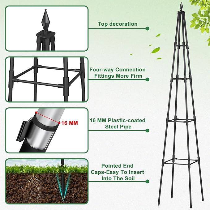 Obelisk Trellis for Climbing Plants 6 FT Garden Trellises with 16mm Thickened Plastic-Coated Metal Pipes Trellis for Climbing Potted Plant Vine Flower Rose Vegetable Tomato Cucumber Outdoor Indoor