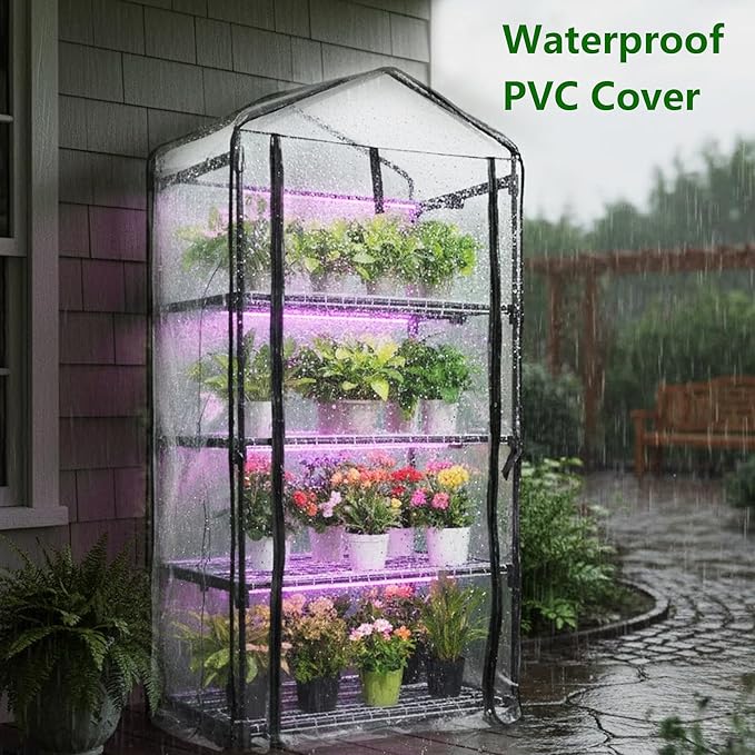 Indoor Greenhouse with Grow Lights 4-Tier Mini Greenhouse w/Multiple Modes Plant Lights &amp Waterproof Base Mat &amp Zippered Door Walk-in Green House for Growing Plants Seed Starting Seed Tray