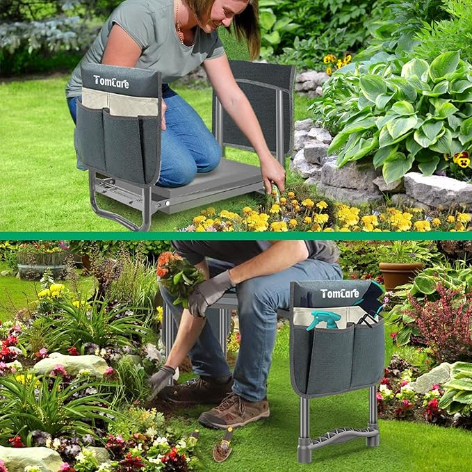 TomCare Garden Kneeler and Seat 10.64” Wider Larger Soft Kneeling Pad Garden Bench with 2 Large Tool Pouches Heavy Duty Garden Stool Foldable Tools Gardening Gifts for Women Men GardenersGrey
