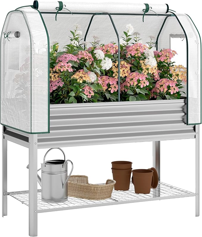 Outsunny Galvanised Raised Garden Bed with Greenhouse Cover Metal Elevated Garden Bed with Legs Bed Liner and Bottom Shelf Outdoor Raised Planter Box for Vegetables Herbs Flowers Silver
