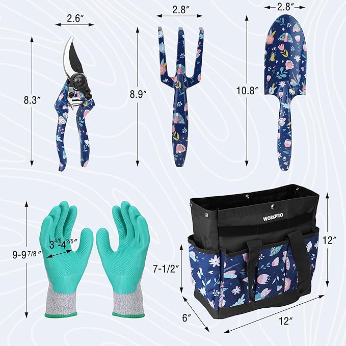 WORKPRO 5PCS Garden Tool Set Aluminum Heavy Duty Gardening Tool Set with Garden Tool Bag Outdoor Garden Hand Tools Blue Insect and Flower