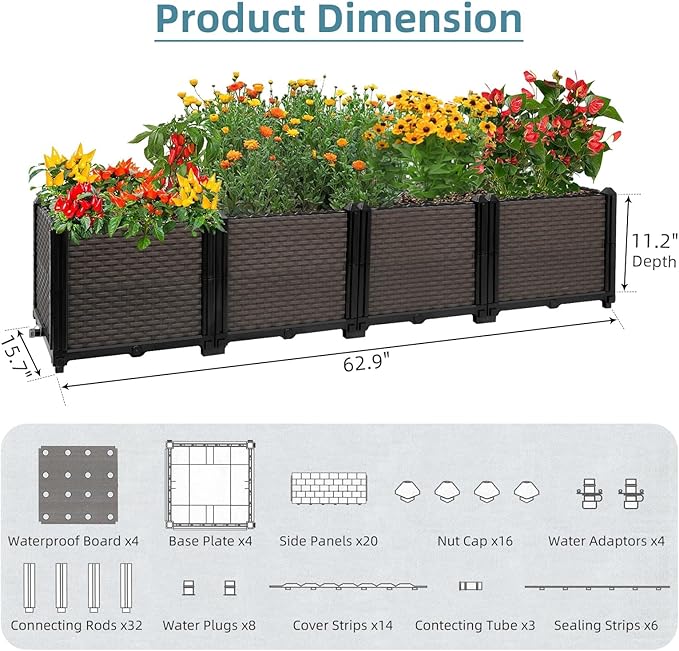 Large Raised Planter Box Outdoor Self Watering 62.9x15.7x14.2  Deep Raised Garden Bed - Elevated Garden Box with Drainage Plug Rectangular Garden Planter Perfect for Patio Balcony Deck