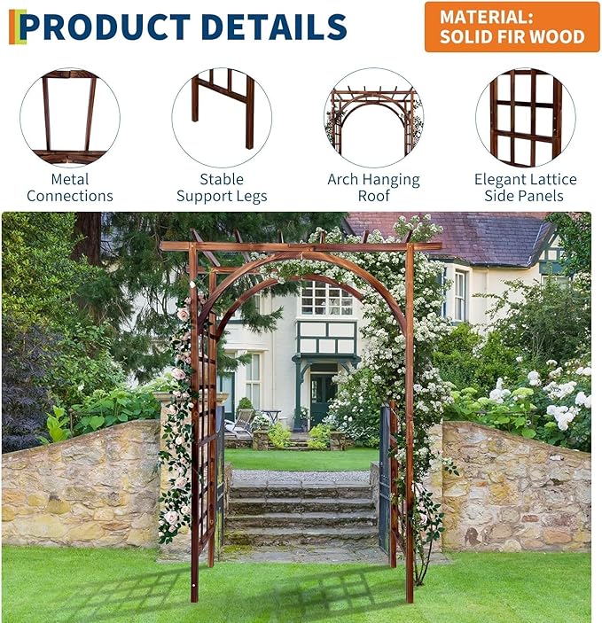 85 Wooden Garden Arbor Arch 7 ft Wood Garden Trellis with Arched and Flat Top Outdoor Walkway Arbor Stand for Plant Climbing Wedding Ceremony Decoration Pergola Patio Lawn Backyard Party