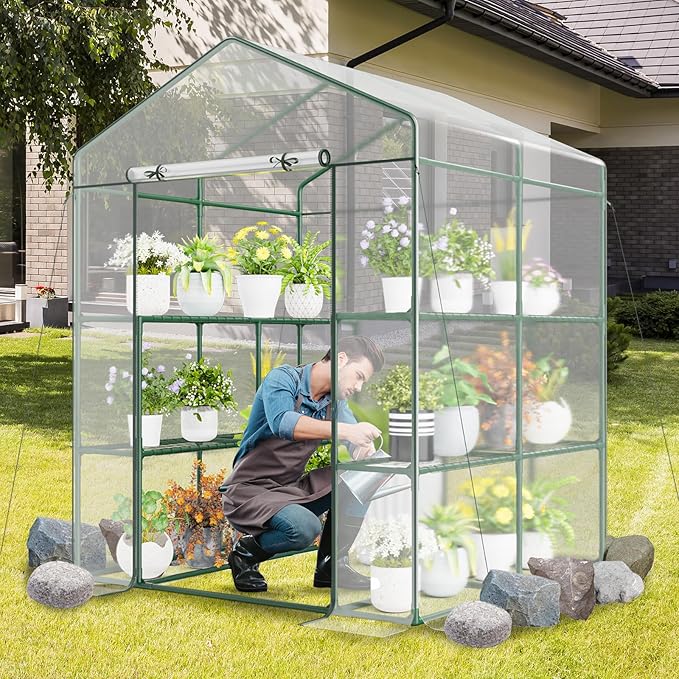Happygrill Greenhouse Portable Greenhouses for Outdoors w/8 Shelves Roll-Up Zippered Door 2 Observation Windows &amp 2 Tiers Weather-Proof PE Cover Wind Rope (Transparent 55” x 57” x 77”)