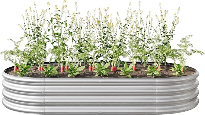 DSHADE Outdoor Raised Garden BedOval Large Galvanized Metal Raised Planter Bed Garden Bed Kit Anti Rust Garden Beds Large Metal Planter Box for for PlantsVegetablesFlowers (Silver)