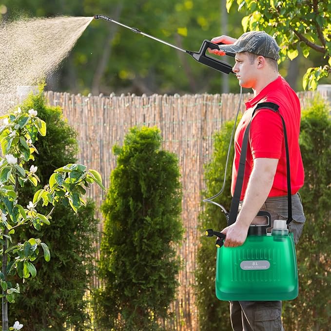 Battery Powered Sprayer 2 Gallon Electric Sprayer with 4 Mist Nozzles USB Rechargeable Handle 32in telescopic Wand Garden Sprayer with Adjustable Shoulder Strap for Lawn Garden Cleaning