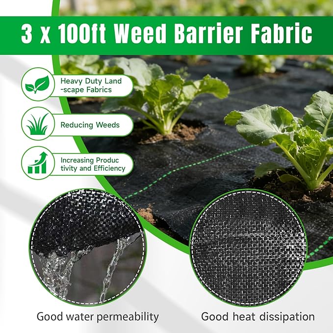 Weed Barrier Fabric Planting Cover - 3 x 100 FT Heavy Duty Landscape Fabric Ground Cover Block for Outdoor Planting