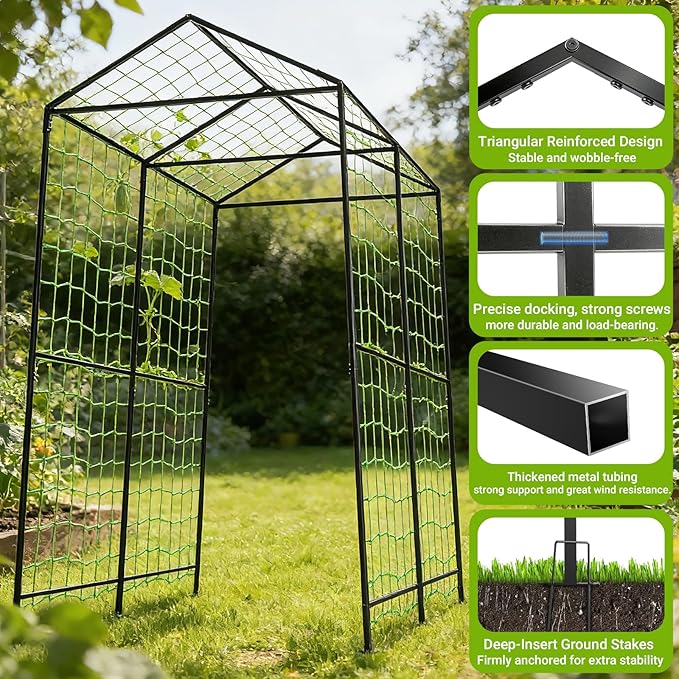 Metal Garden Arch Trellis for Climbing Plants Outdoor 7.1FT Extra Tall Cucumber Trellis for Raised Bed Plant Trellis for Vegetable Fruit Flower Vine（Black）