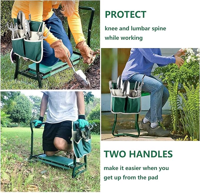 BESTHLS Garden Kneeler and Seat - Heavy Duty Folding Stool with Thick Pad 2 Tool Pouches 330 lbs Capacity - Knee &amp Back Support Perfect for Seniors Women Men