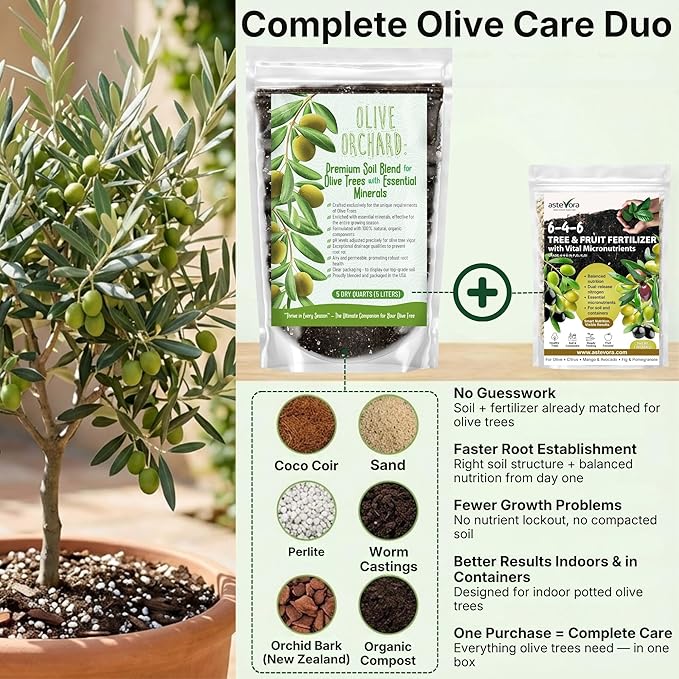 Complete Olive Care Duo – Olive Tree Potting Mix (5 quarts) Indoor Plant Soil &amp Olive Tree Fertilizer (1/2 Quart)