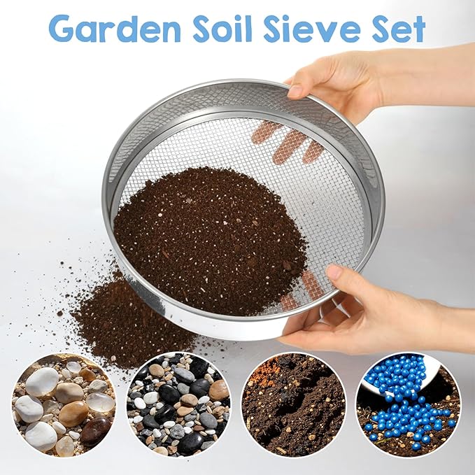 4 PCS Sifter for Rocks 10 Inch Soil Sifter for Gardening with 3 6 9 12 mm Stainless Steel Sifting Screen Round Rock Crusher for Sifting Sand Soil Stones Compost and Cat Litter