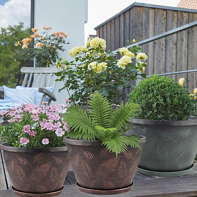 11 inch Plant Pot 3 Pack Large Pots for Plants Flower Pots with Drainage Hole &amp Saucer Modern Planters for Indoor Outdoor Plants Decorative Plastic Garden Pots (Copper)