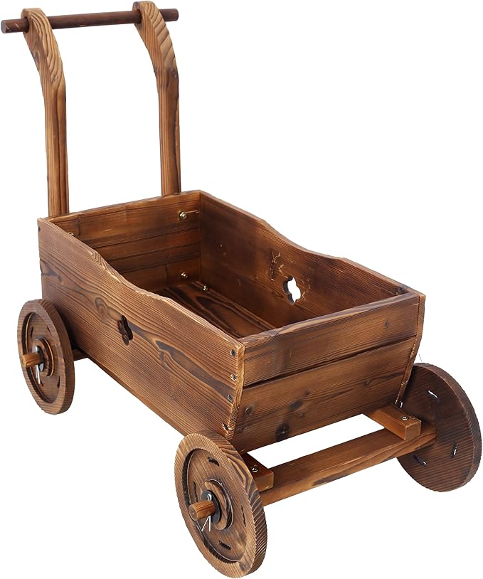 Wooden Wagon Planter Box Mobile Garden Planter with 4 Wheels Handle Drain Hole Decorative Flower Planter for Indoor Outdoor Decor Wooden Flower Cart for Patio Garden Balcony Brown
