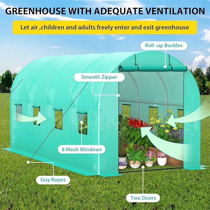 7*15*7FT Walk-in Greenhouse Portable Walking in Tunnel Tent Walking in Tunnel Tent with Galvanized Pipe Roller Zippered Door &amp 8 Screen Windows Greenhouses for Outdoors (Bottom widening Design