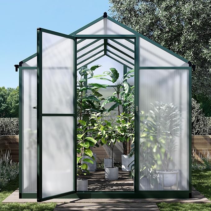 Greenhouse for Outdoors Polycarbonate Greenhouse with Quick Setup Structure and Roof Vent Aluminum Large Walk-in Greenhouse for Outside Garden Backyard (Green 10'D x 6.25'W)