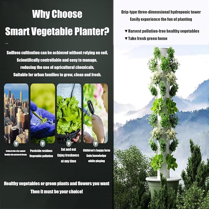 Auto Water Circulate Hydroponics TowerSoilless Cultivation Vertical Tower Farming Garden PlanterHydroponics Growing Towerwith Water Circulation and Automatic Timer green-9layers+plantlight