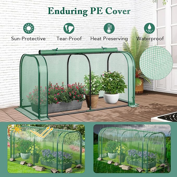 Raised Garden Bed with Greenhouse Waterproof Sun-Protective Green House with Roll-Up Door &amp Electroplated Metal Frame Pine Wood Elevated Planter Box with Drainage Holes (Green+Gray)