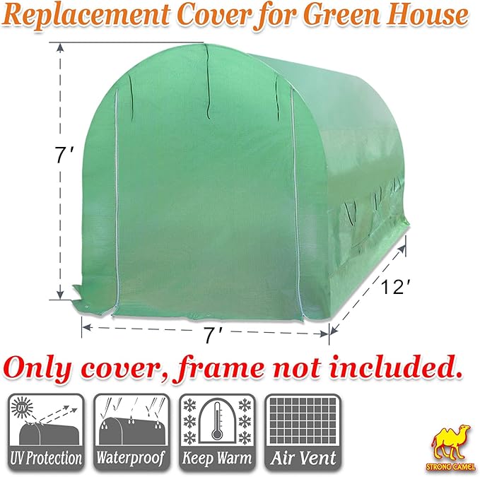 Strong Camel Portable Greenhouse Cover Larger Walk in Greenhouse Replacement Cover Top(12'X7'X7' (Cover Only))