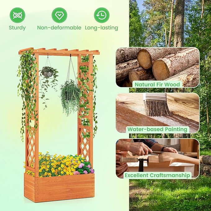 Nightcore Raised Garden Bed with Trellis Wooden Flower Rack with Double-Sided Grid Hanging Roof &amp Drainage Holes Outdoor Garden Planter for Flowers Vegetables Climbing Vines (2)
