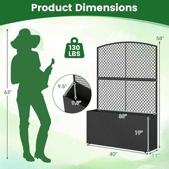 Byroce Raised Garden Bed PE Rattan Planter Box with Lattice Trellis Liner &amp Drainage Outdoor Standing Privacy Planter for Patio Balcony Climbing Plants &amp Hanging Flower (1 Black 40” x 11”