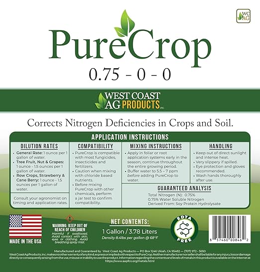 PureCrop – All-Crop Plant-Based Fertilizer &amp Spray Concentrate | Corrects Nitrogen Deficiency | Compatible with All Crops | Sustainable Formula | 0.75% Nitrogen | Made in The USA (1 Gallon)