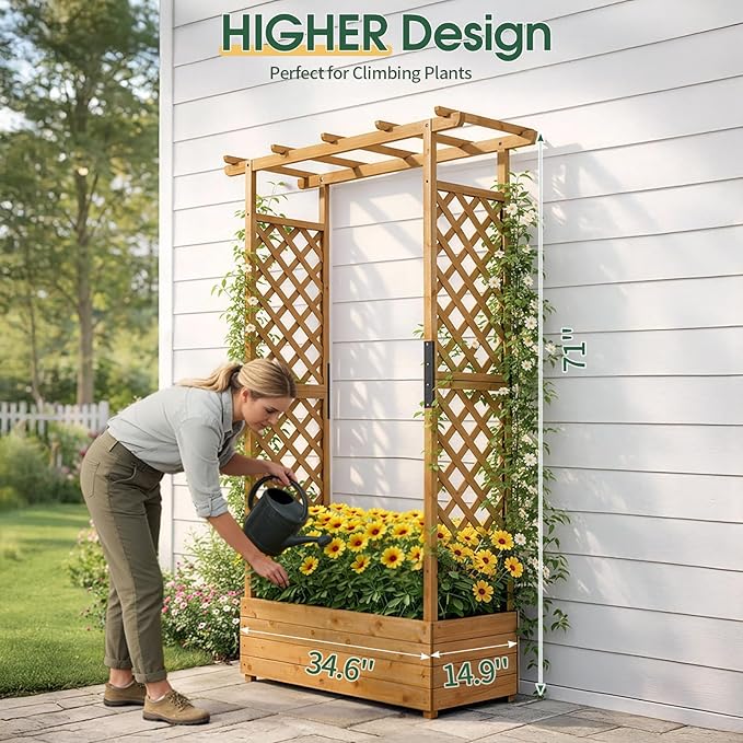 Outvita 72 Raised Garden Bed with Trellis Wood Planter Box with Hanging Roof Side Trellis and Drainage Holes Above Ground Elevated Garden Bed for Outdoor Climbing Plants Vegetables(Teak Color)