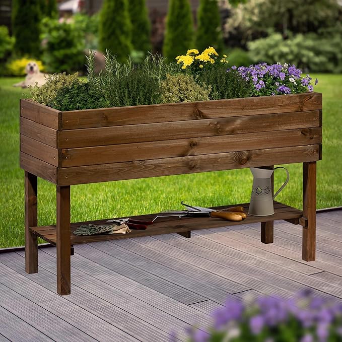 dobar® Large Raised Bed Solid Wood with Shelf Including Plant Film - Raised Planter 100 L - 117 x 40 x 80 cm - Dark Brown