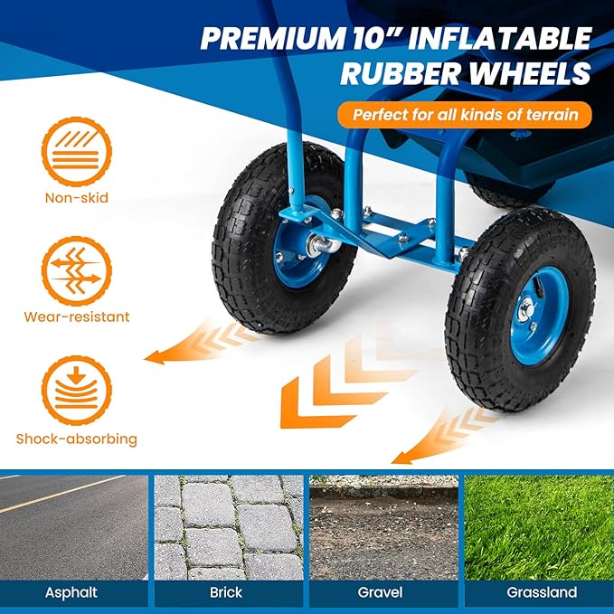 Garden Cart on Wheels 360° Swivel Rolling Outdoor Workseat with Washable Cushion &amp Dual Handles Height Adjustable Garden Stool for Patio Yard (Blue)