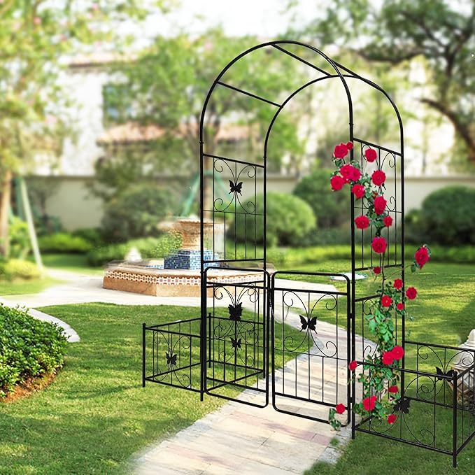 Metal Garden Arch with Gate 79.5'' Wide x 86.6'' High Climbing Plants Support Rose Arch Outdoor Black FU354