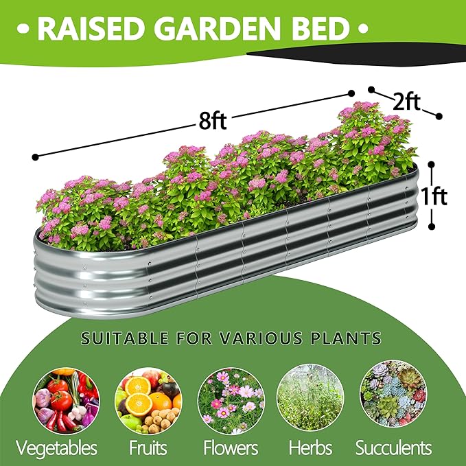 8x2x1ft(2 Pack) Galvanized Oval Raised Garden BedOutdoor Planter Box Metal Patio Kit Planting Bed for Vegetables Flowers HerbSilver