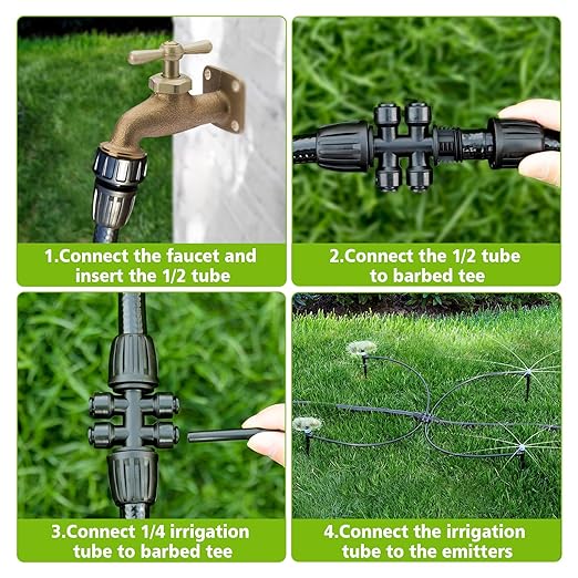 102FT Drip Irrigation System Kit New Quick-Connect Automatic Garden Watering Misting System for Greenhouse Yard Lawn Plant with 1/2 inch Hose 1/4 inch Distribution Tubing and Accessories