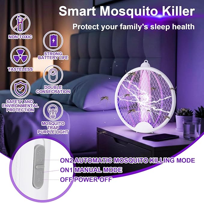 Qualirey 4 Pcs Electric Fly Swatter Bug Zapper Racket 2 in 1 USB Rechargeable Mosquito Racket 3000v High Powered Mosquito Killer for Indoor Outdoor Home Bedroom Kitchen Patio Office Insect (Foldable)