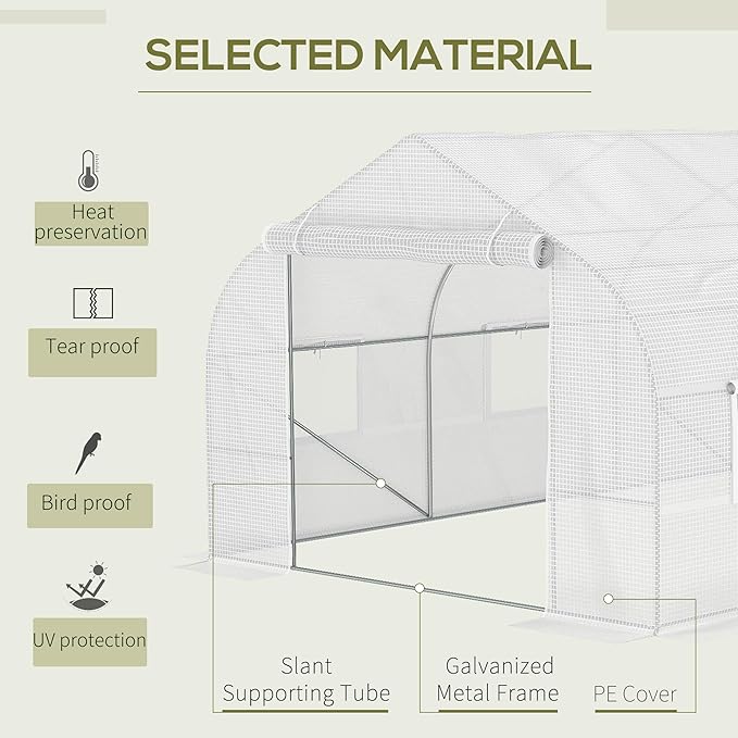 Outsunny 20' x 10' x 7' Walk-in Greenhouse Tunnel Green House with Galvanized Steel Frame Hoop House Kit with Zippered Door and 6 Windows White