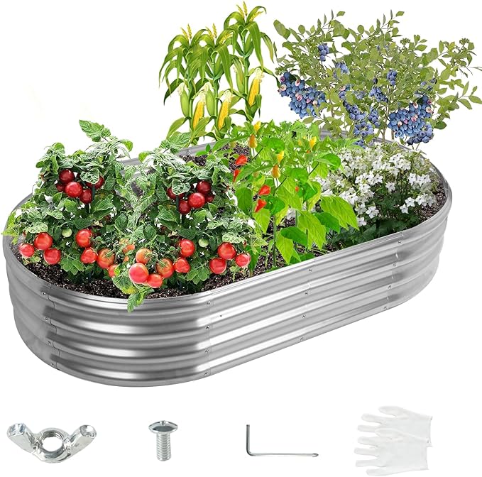 5X2.7X1 FT Oval Galvanized Metal Garden Raised Bed/Plant Box for Planting32 Inches Diameter Iron Fire Pit RingSmall Animal Fence-3 in 1 Modular Design in Black (Silver 60X32X11.5 Inches)
