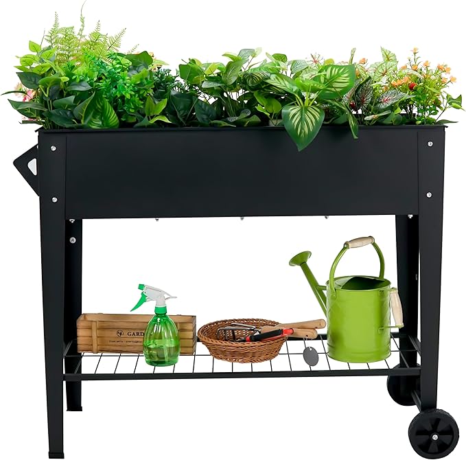 Raised Garden Bed with Legs and Wheels Removable for Outdoor 31.6 * 14.6'' Metal Planter Raised Box for Growing Vegetables Herb Flower in Patio(Black)