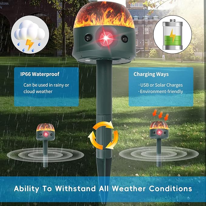 Ultrasonic Solar Animal Repeller for Yard 5 Modes Outdoor Cat Squirrel Repellent with Motion Sensor Flame Light Motor Vibration Deterrent for Deer Skunk Dog Snake Gophers for Yard Garden