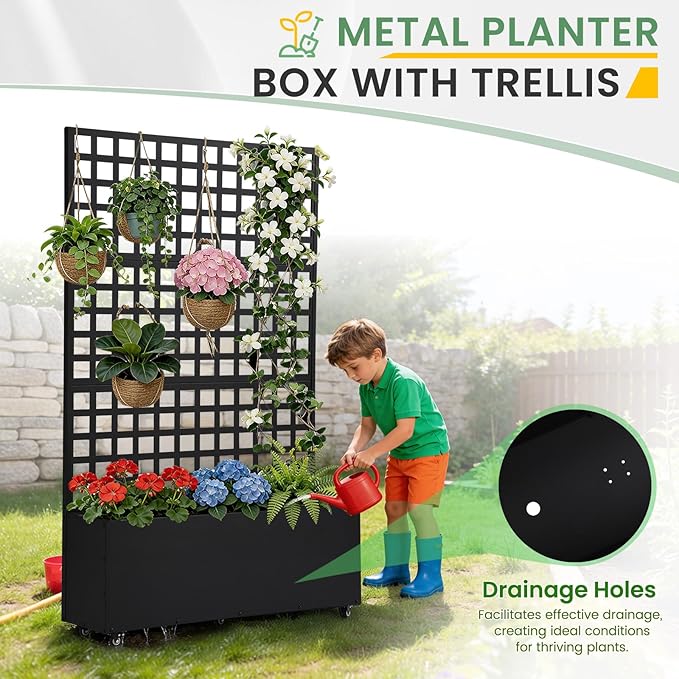 LVUYOYO Metal Raised Garden Bed Planter Box with Trellis &amp Wheels Outdoor Patio Garden Beds Flower Box with Privacy Screen &amp Drainage Holes for Climbing PlantsVegetables Vines